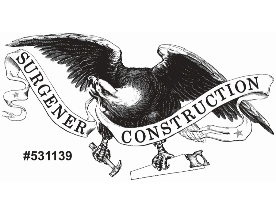 Surgener Construction logo — eagle emblem with hammer and saw